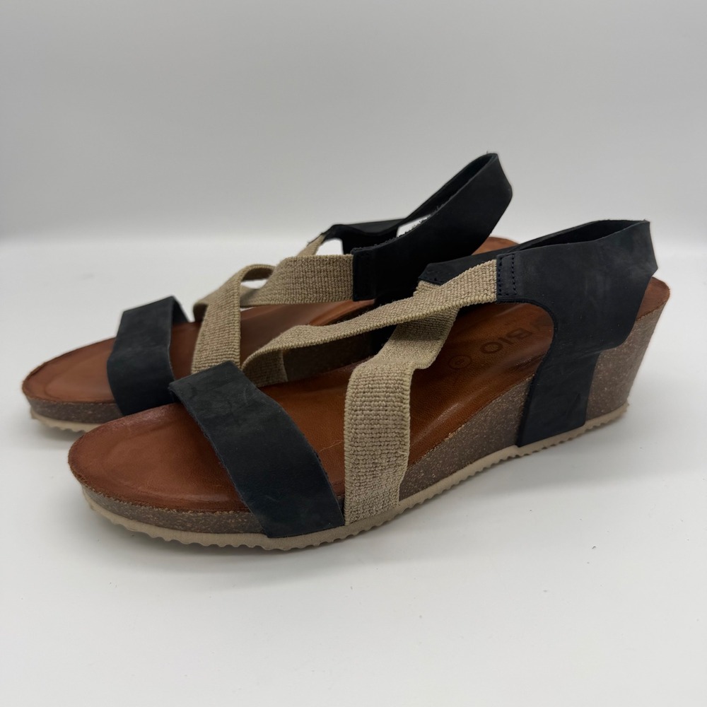 Bio Bio Womens Black Tan Elastic Leather Wedge Sandals Made in Spain Size 8